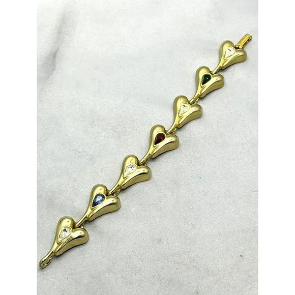 Vintage Gold Tone Rhinestone Heart Bracelet